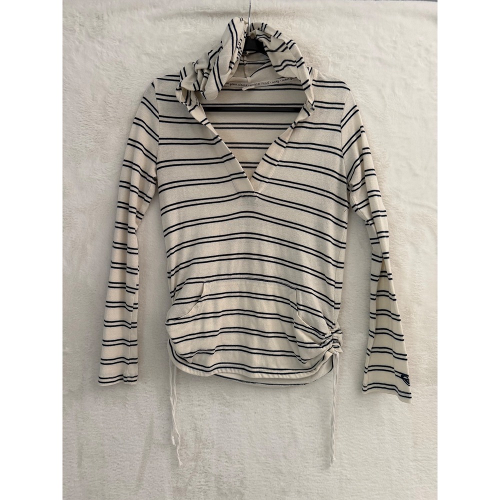 Roxy Womens Striped Long Sleeve Hoodie Knit Top Cream Navy Blue Medium